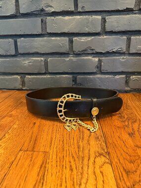 Vintage 80s or 90s Black Leather Gold Curb Chain Biker Belt Fits Size Medium